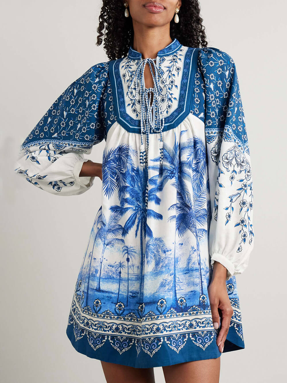 Unique Palm Tree Beach Print Linen Mini Dress