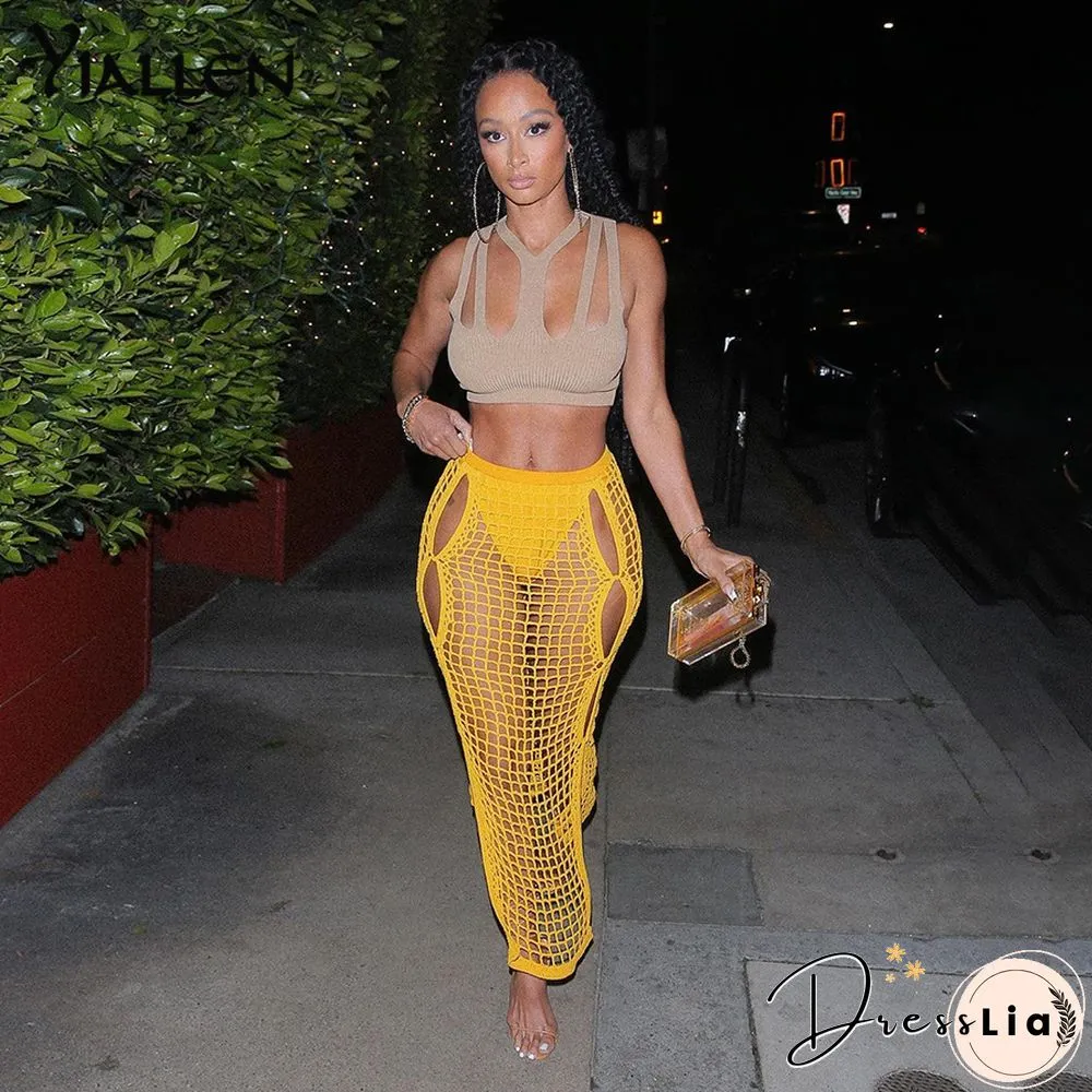 Summer Yellow Openwork Weaving Long Skirt