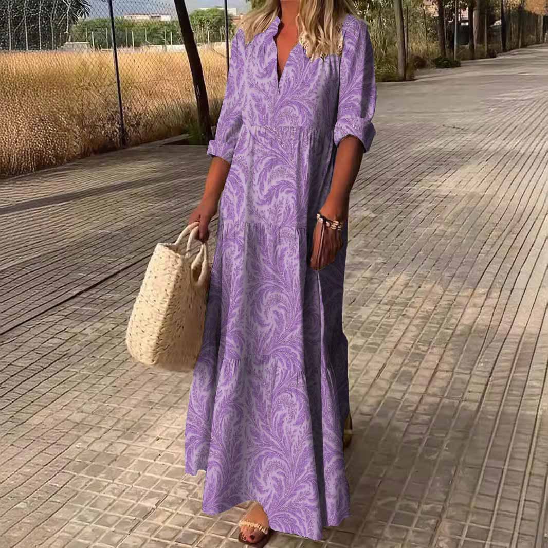 Women Texture, Purple DZDN0394 SPU Printed Long Sleeve V-neck Maxi Dress