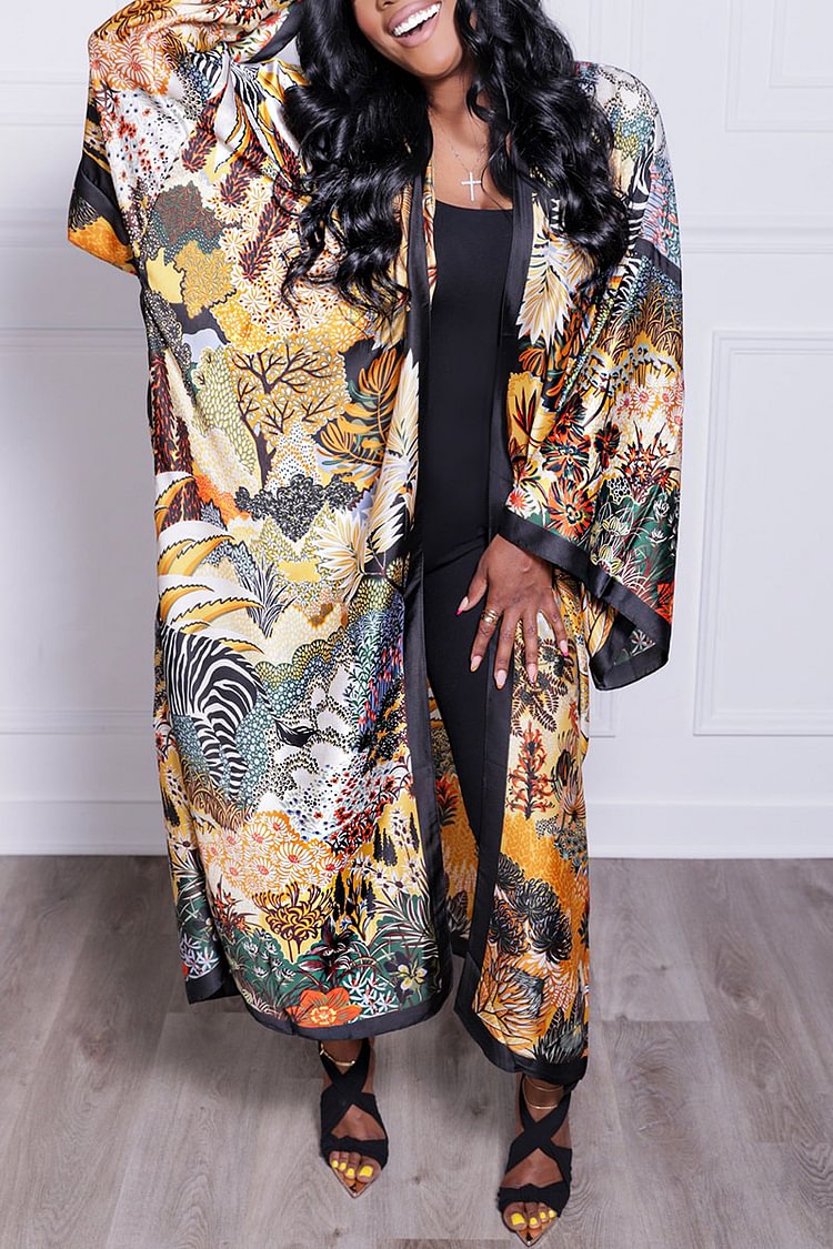 Plus Size Multicolor Casual All Over Print Long Sleeve Kimono Cardigans [Pre-Order]