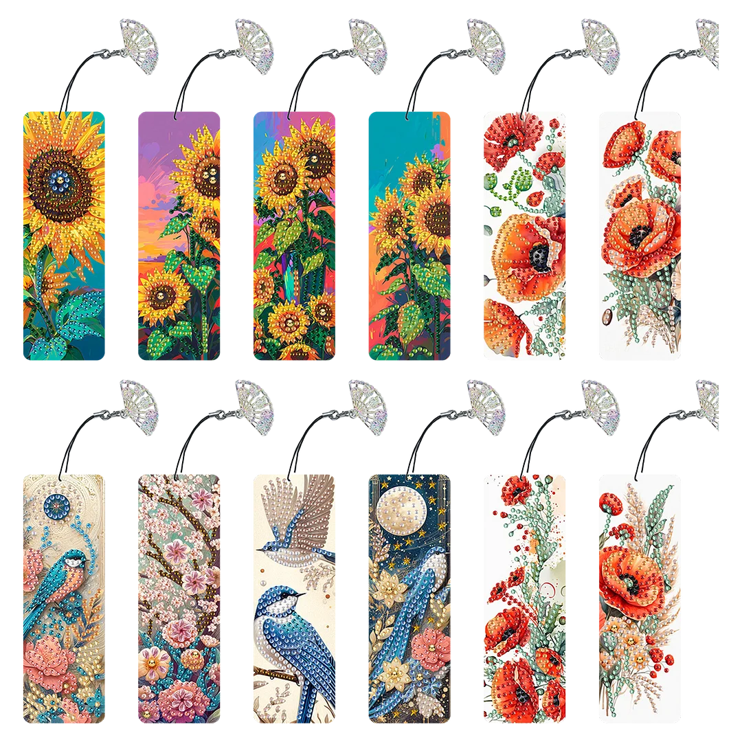 12Pcs Flowers and Birds DIY Diamond Painting Bookmarks for Reading Enthusiasts