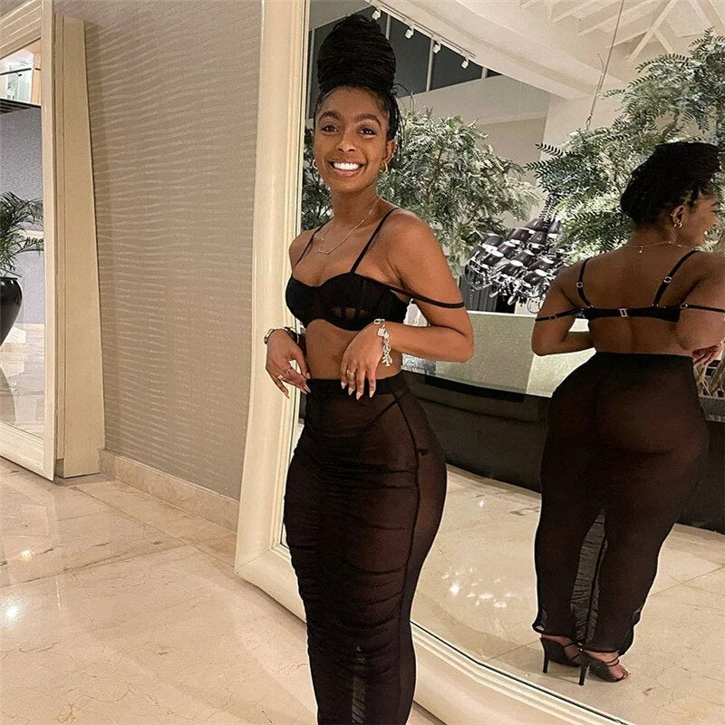 BIIKPIIK 2 Piece Matching Sets Women Casual Sexy Crop Tops + Maxi Skirts See-through Mesh Fashion Streetwear Clothing Skirt Suit