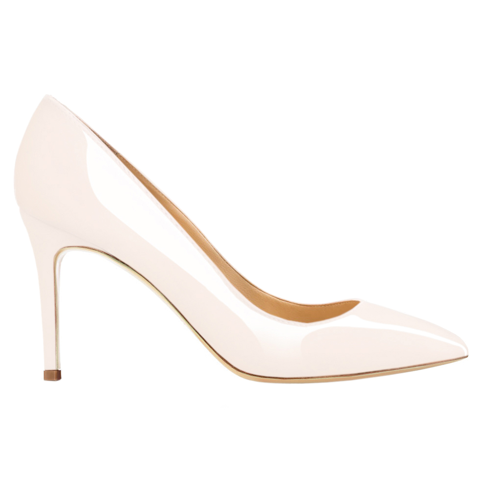 90mm Middle Heels Pointy Toe Pumps White Patent-vocosishoes