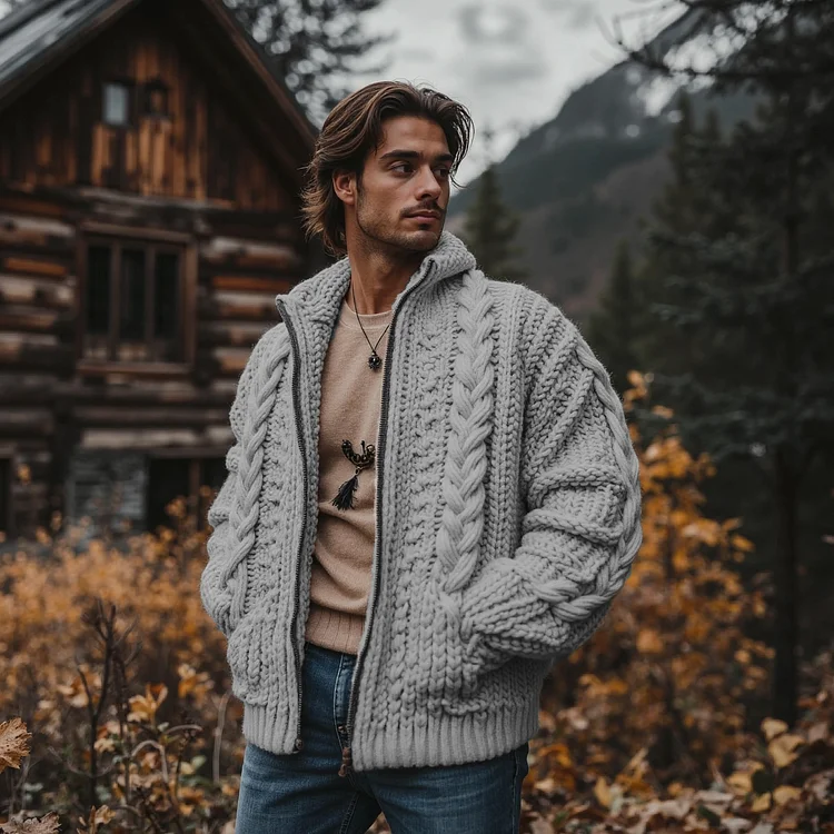 VChics Men'S Burlap Pattern Vintage Stand Collar Zipper Sweater