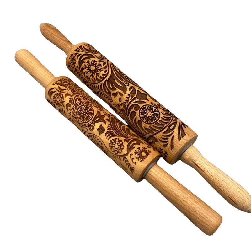 Christmas Retro Leaves Rose Snowflake Wood Rolling Pin 1 Piece