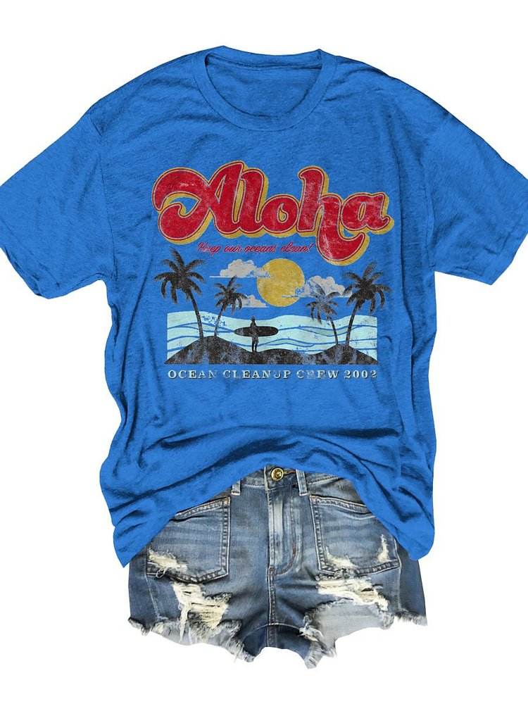 Bestdealfriday Aloha Keep Our Oceans Clean Graphic Short Seeve Round Neck Loose Tee