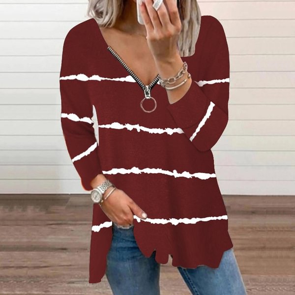 Spring and Early Autumn New Fashion Women's Striped Printed Casual Plus Size Long Sleeve Zipper V-neck Top Loose Soft and Comfortable Long Sleeve Bottoming Shirt XS-5XL - Shop Trendy Women's Clothing | LoverChic