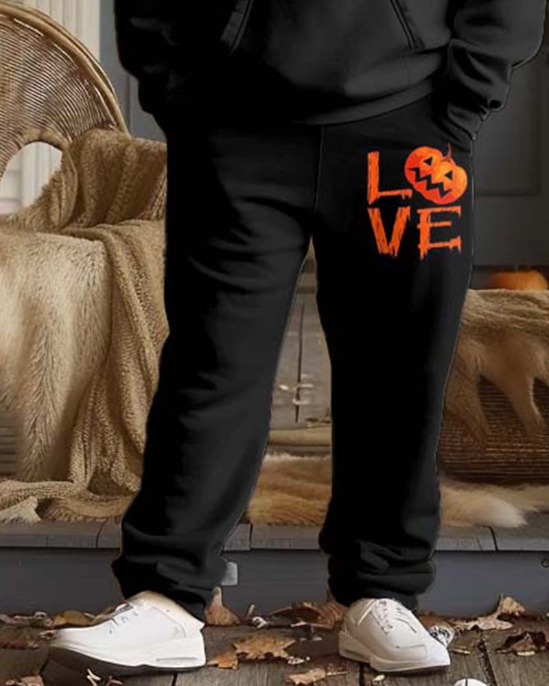 Mens Halloween Pumpkin Simple Alphabet Print Plus Size Hoodie Suit