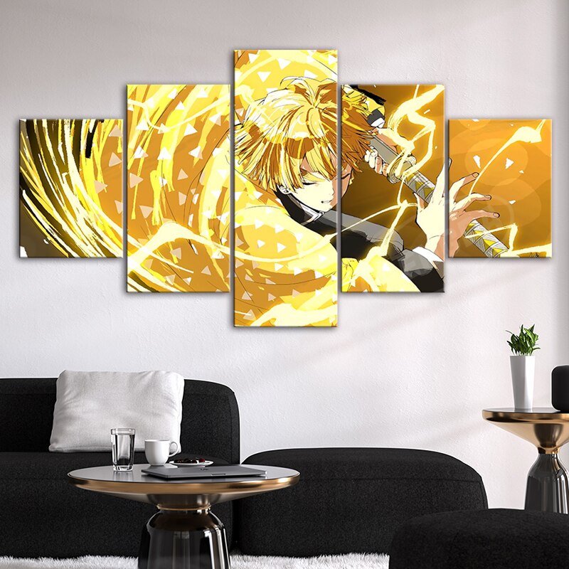 Handsome Agatsuma Zenitsu Pictures Demon Slayer Modular Posters Japan Anime Prints Home Decor 5 Pieces Canvas Painting Framework