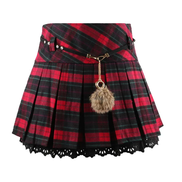 Retro Lace Up Plaid Pleated Mini Skirt - Gotamochi Kawaii Shop, Kawaii Clothes