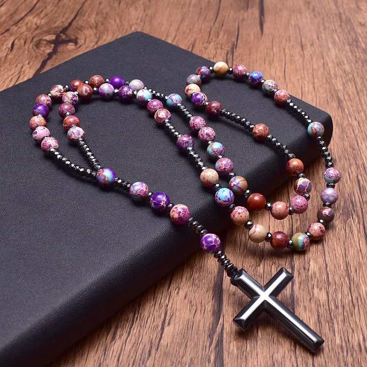 Natural Stone Cross Pandant Rosary Necklace