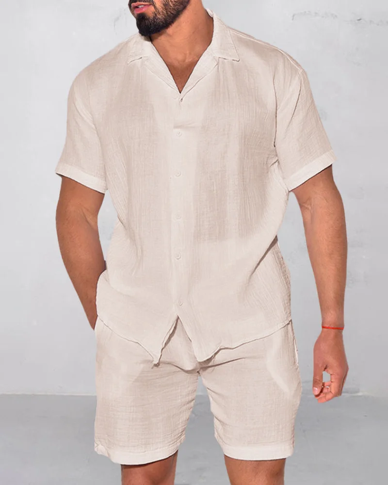 Suitmens Men's Cotton Linen Cuban Zero Short Sleeve Suit  0380