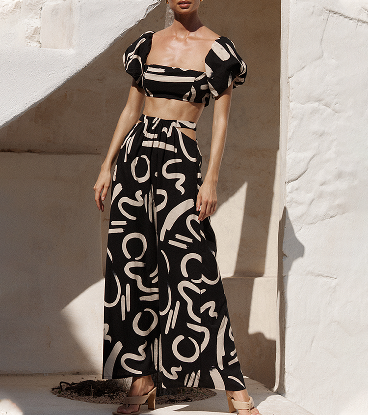 Abstract Art Printed Puff Sleeves Crop Top Cutout Maxi Dress Set