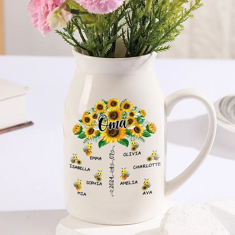 Personalisierte 8 Namen & Text & Datum Sonnenblume & Biene Familie Vase