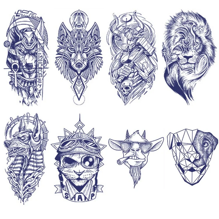 8 Sheets Wolf Ox Tiger Goat Dog Cat Lion Semi-Permanent Tattoo Stickers