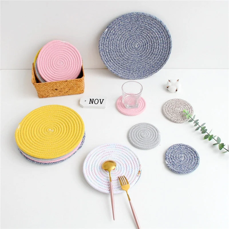 Handmade Cotton Rope Placemat Hand Woven Table Mats Napkin Tableware Drink Cup Coaster Insulation Pad Kitchen Dinner Home Decor