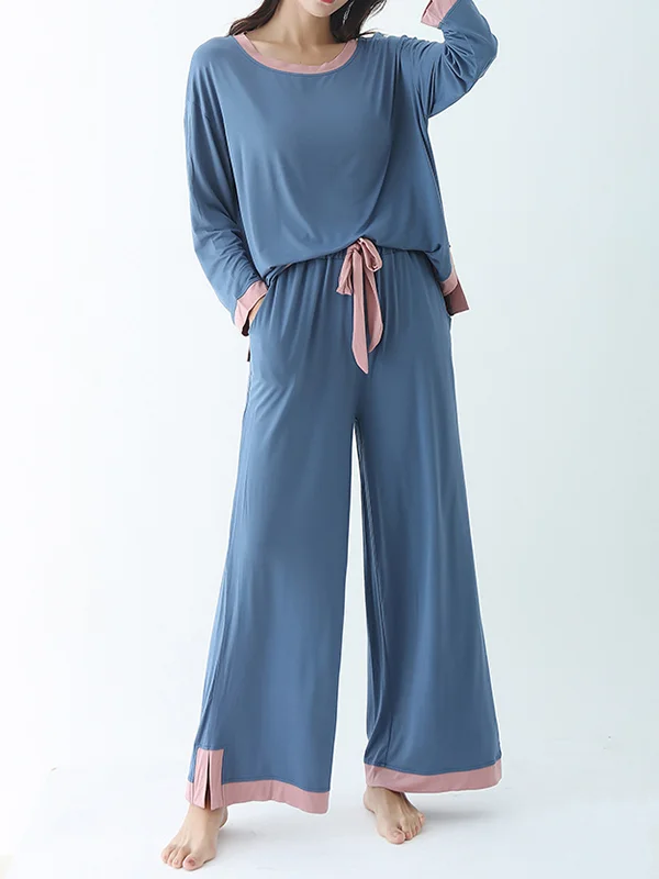Contrast Color Loose Long Sleeves Round-neck Two Pieces Pajama Set