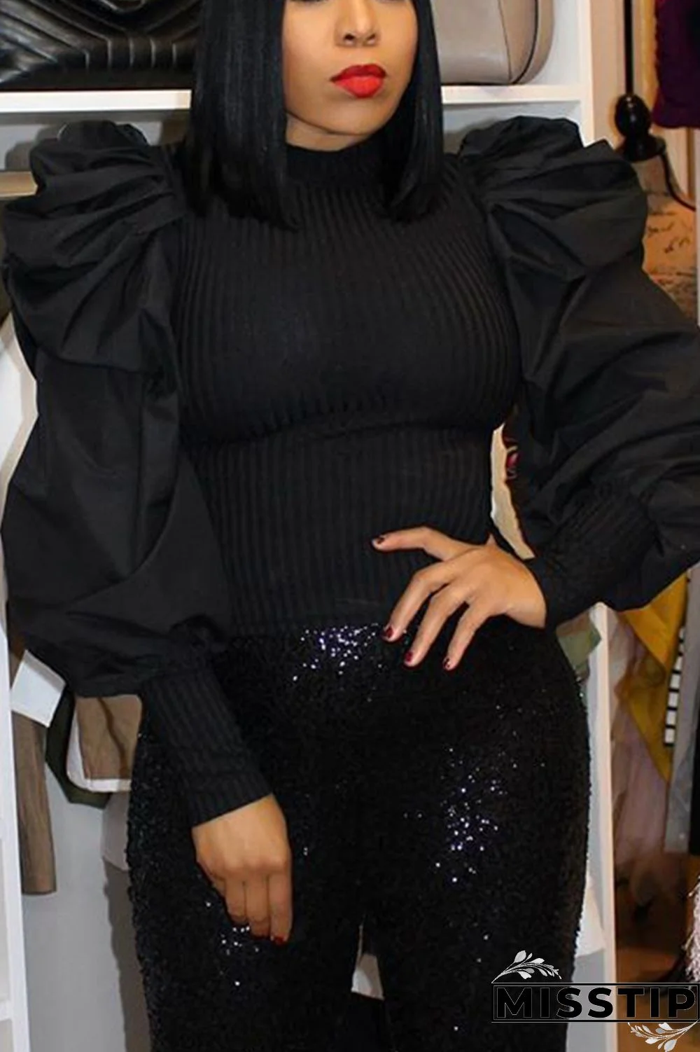 Black Temperament Fashion Stitching Puff Sleeve Tops