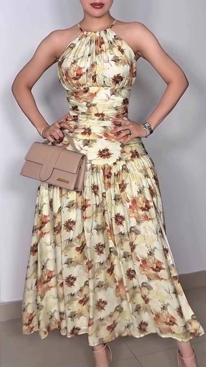 Summer Floral Print Ruched Halter Midi Dress