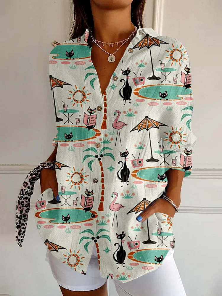 Cat Abstract & Flamingo Print Casual Long Sleeve Shirt