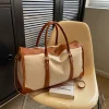 Colorblock Canvas Pu Travel Bag, Vintage Duffle Bag, Large Capacity Tote Bag For Travel Outdoor Sports