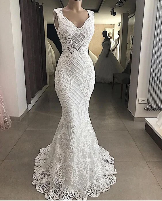 Luxury Beaded Pearls Lace White Mermaid Wedding Dresses Sexy V Neck Sleeveless Bridal Wedding Gowns Bride Dress