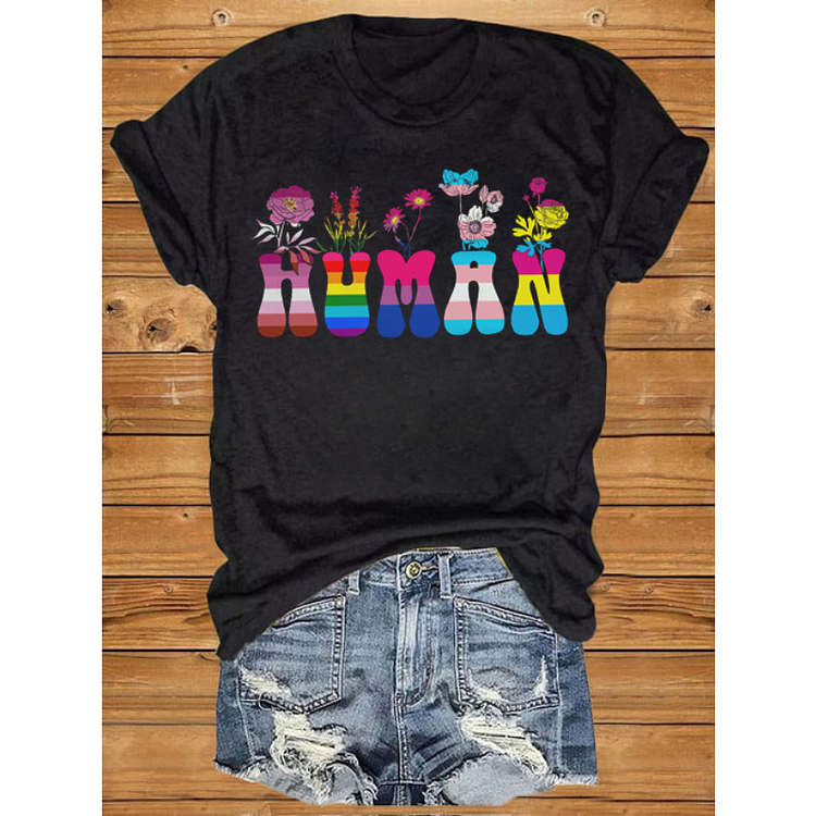 Women's LGBT Human&Flower Print T-Shirt socialshop