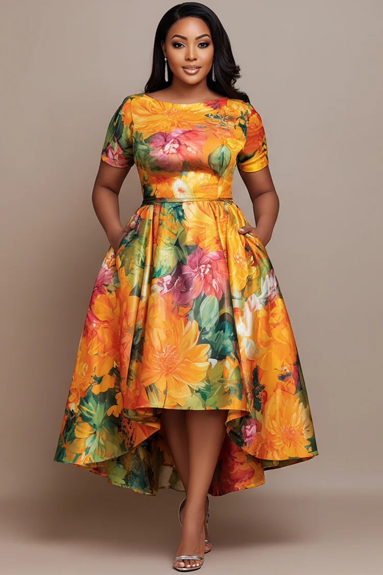 Xpluswear Design Plus Size Wedding Guest Yellow Round Neck Short Sleeve Pocket Zipper Satin Midi Dresses [Pre-Order] 2024 - Xpluswear