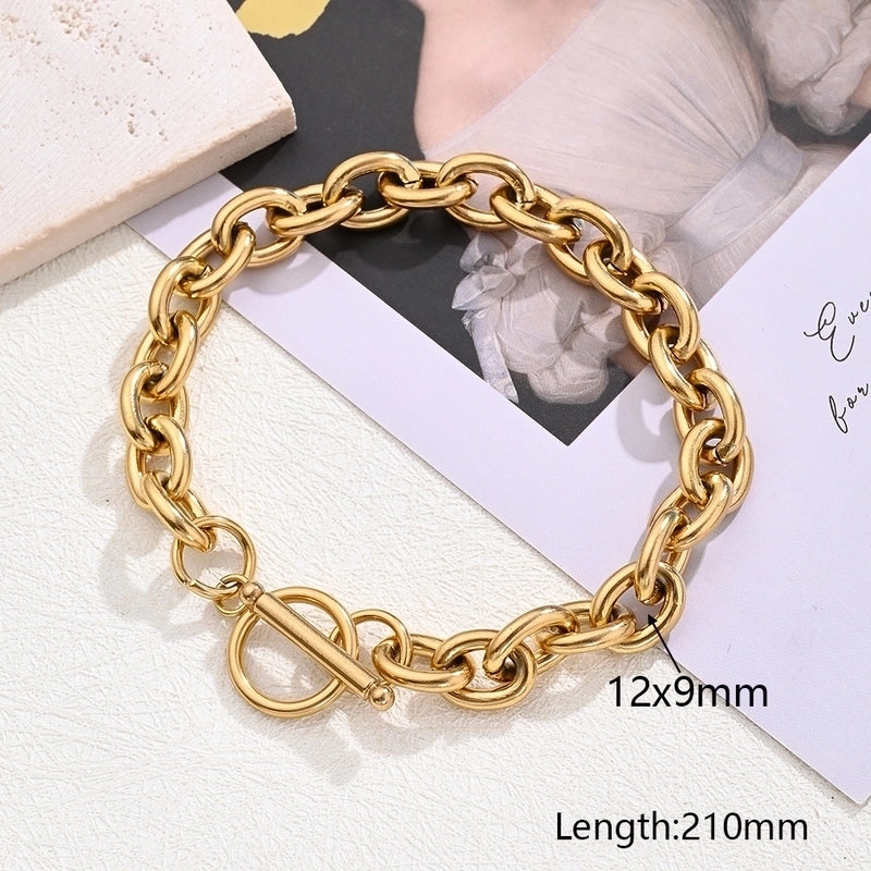 Jewelry Casual Hip-Hop Basic Oval Simple 304 Stainless Steel 18K Gold Plated Buckle Polishing Plating Jewelry Set