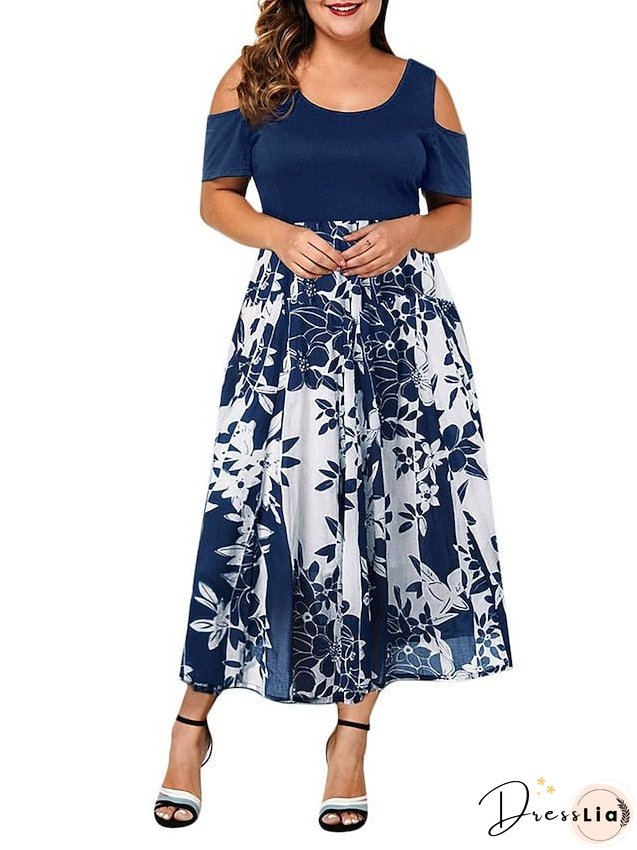 Plus Size Casual Dress Skater Line Floral Long Maxi Short Sleeve Hollow Out Print Crew