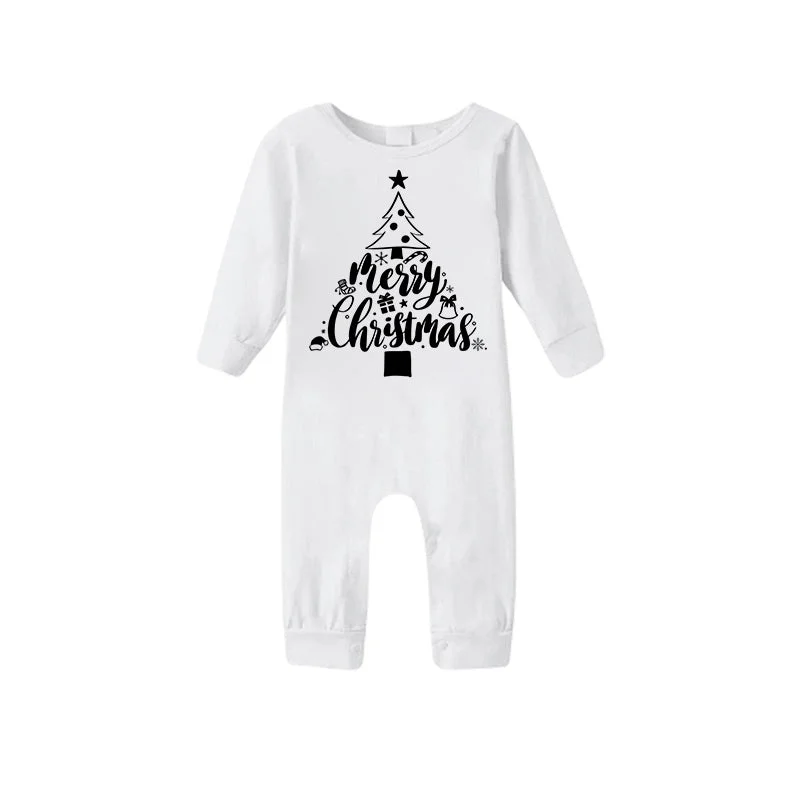 Christmas Tree Pattern "Merry Christmas" Monogram Print White Long Sleeve Top with Classic Red, Green and White Plaid Pants Family Matching Pajamas