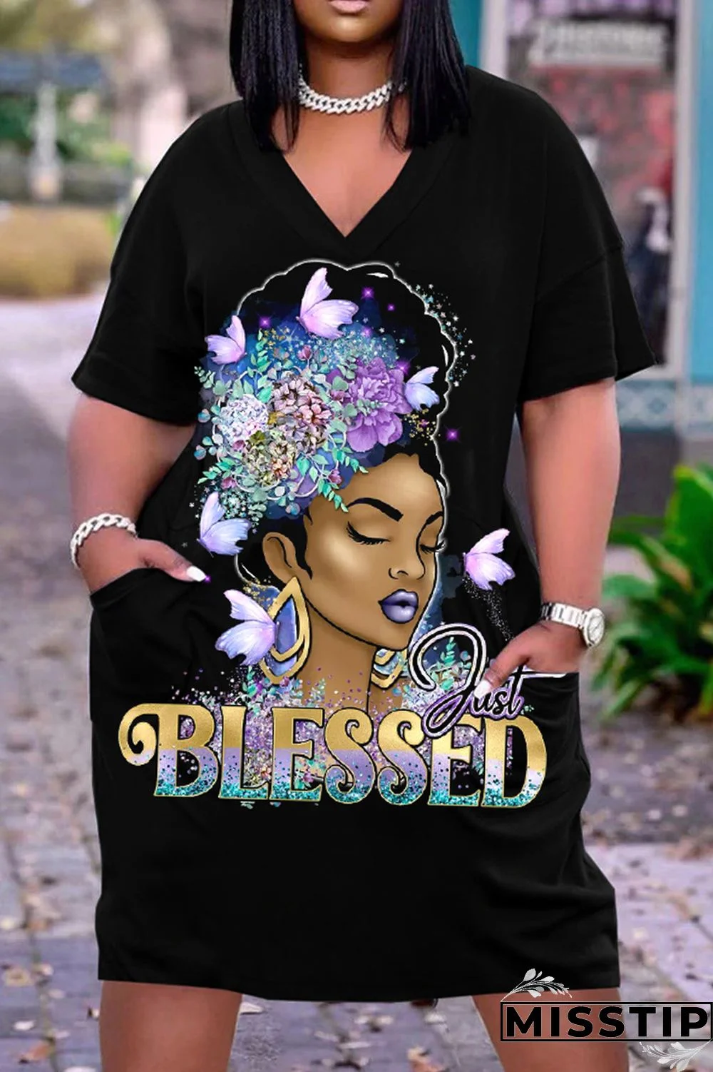 Multi-color Fashion Casual Print Patchwork V Neck Short Sleeve Dress