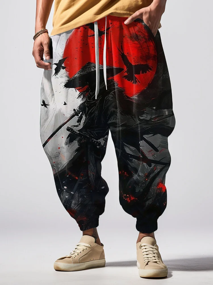 Men's Japanese Samurai Art Print Loose Drawstring Waist Sweatpants