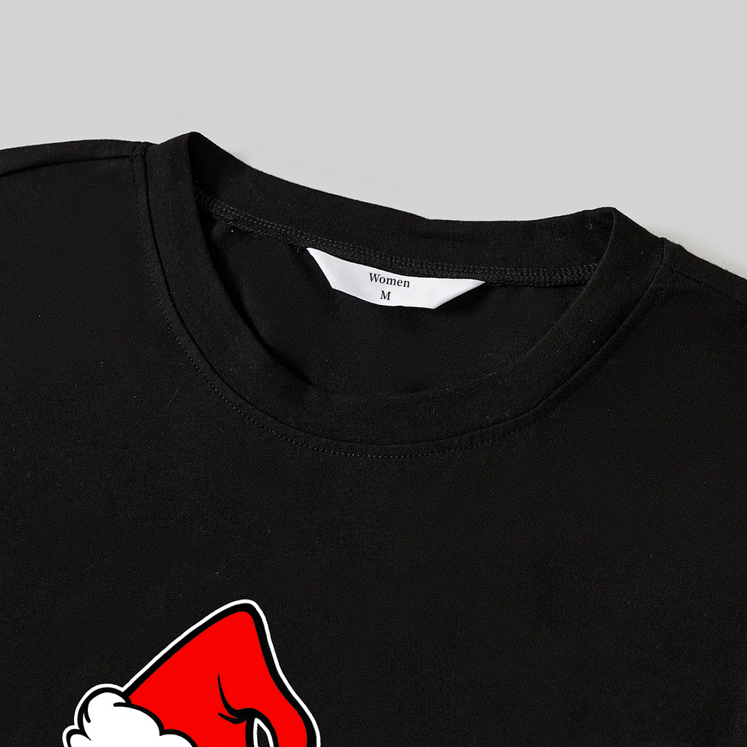 Christmas Cartoon Pattern and "Merry Christmas" Print Black Long Sleeve Top with Green and Black Plaid Family Matching Pajamas