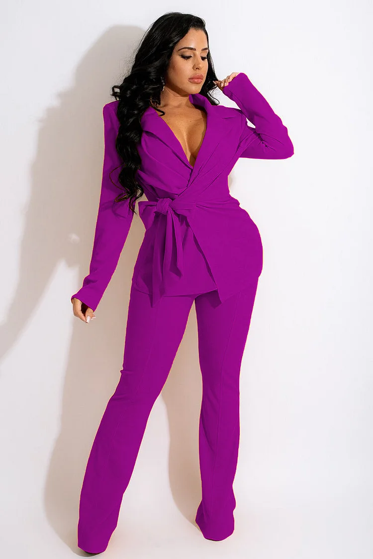 Deep V Neck Tied Up Blazer Solid Pants Two Pieces Set