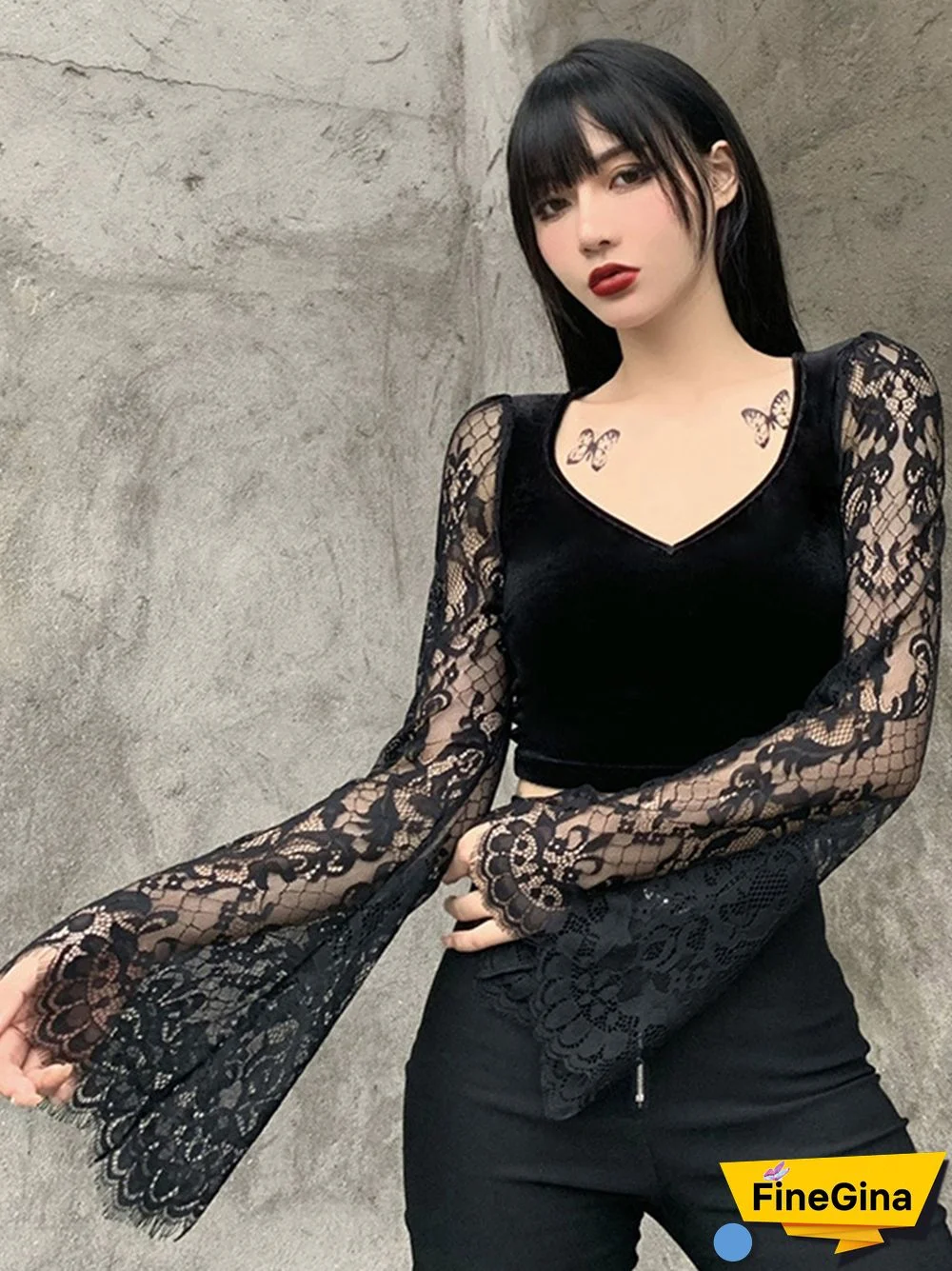 Vintage Gothic Velvet Lace Tops Harajuku Sexy See Through Long Sleeve Crop Top Women Autumn Elegant Aesthetic Basic Tops