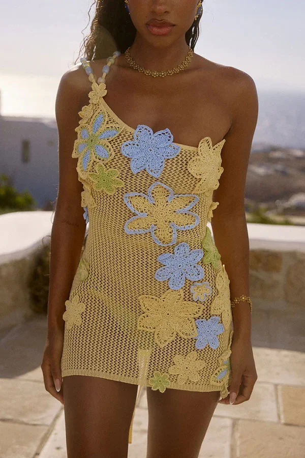 Nammos Knit Crochet Handmade Flower One Shoulder Back Tie-up Stretch Mini Dress