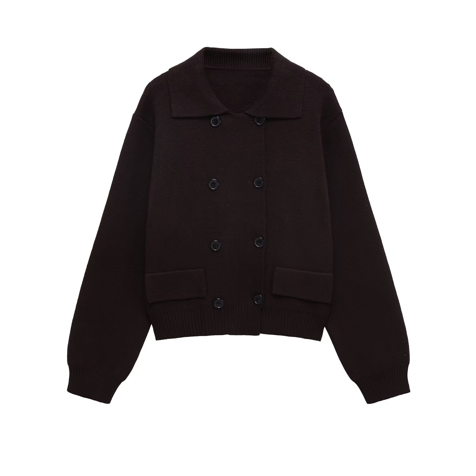 Fashion Women Double Breasted Casual Knit Cardigan Long Sleeve Lapel Collar  Autumn Winter Sweater Coat