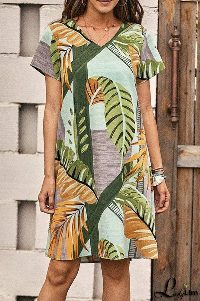 Fashion Casual Print Split Joint V Neck A Line Dresses