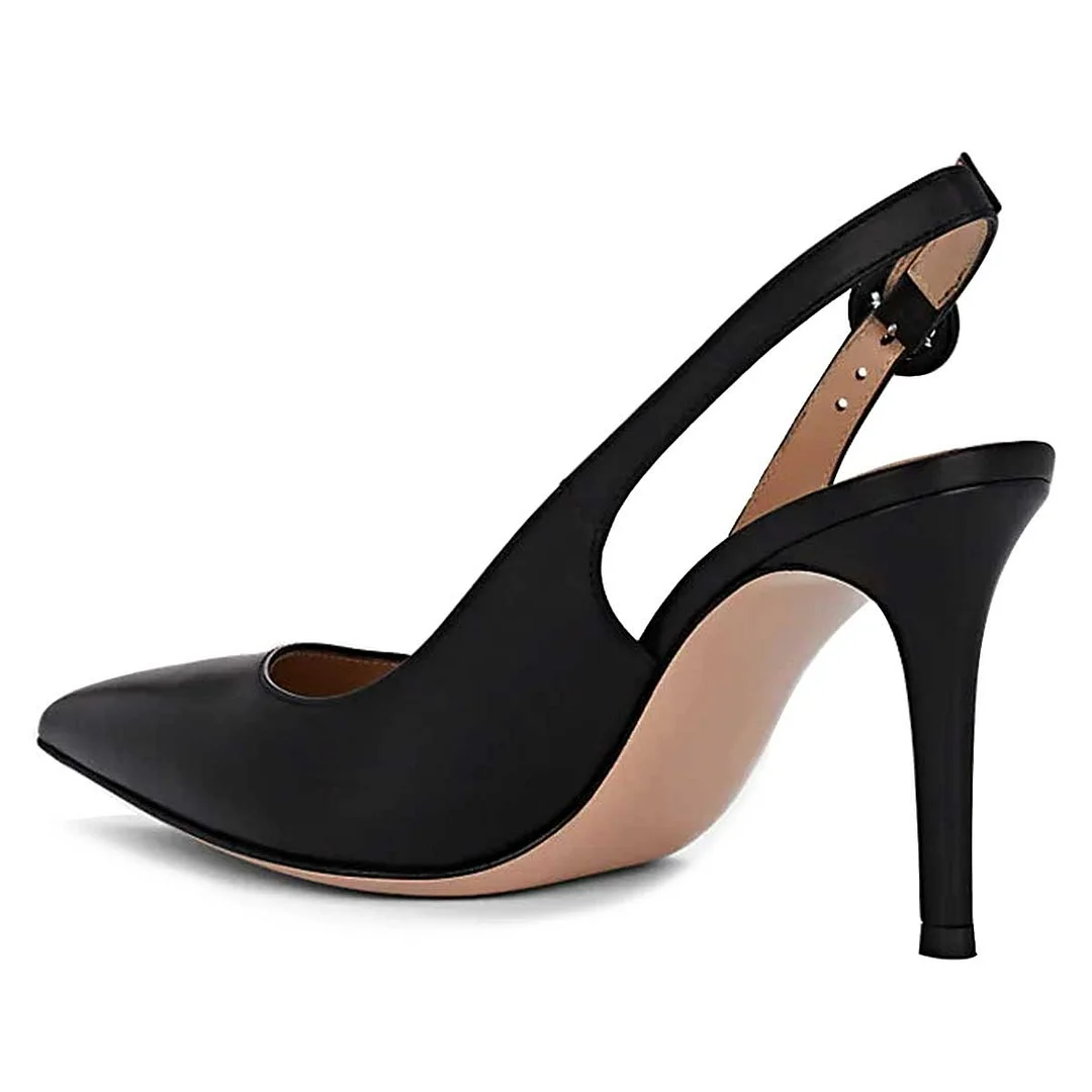 Faux Leather Pointed Toe Stiletto Heel Slingback Black Pumps