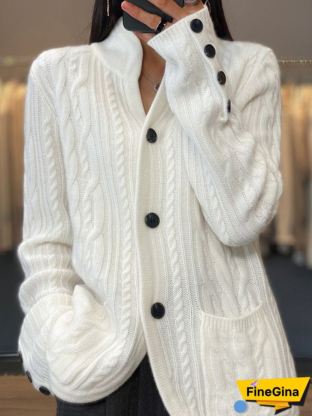 White Button Front Pocket Sweater Cardigan