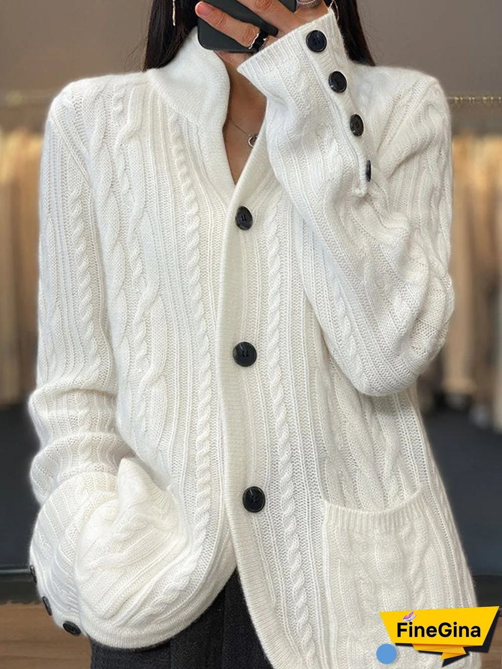 White Button Front Pocket Sweater Cardigan