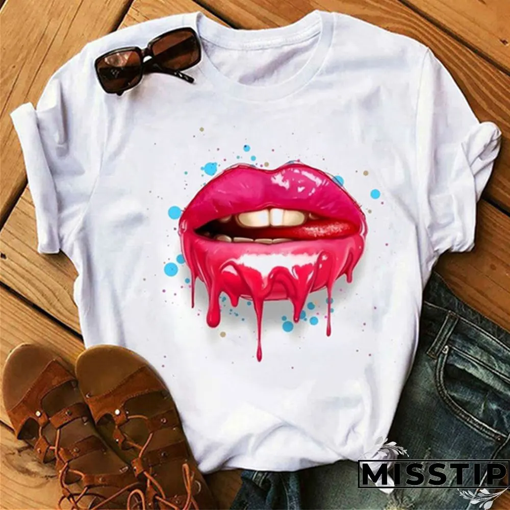 Red Fashion Casual Lips Printed Basic O Neck Tops