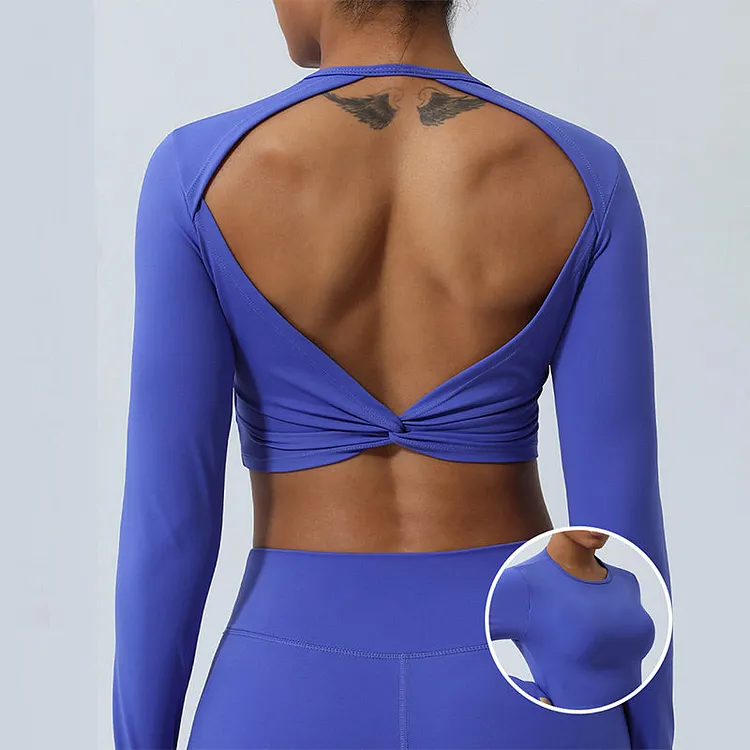 Women Workout Long Sleeve Crisscross Backless Top Tee Leggings Sports Fitness Yoga Outfit