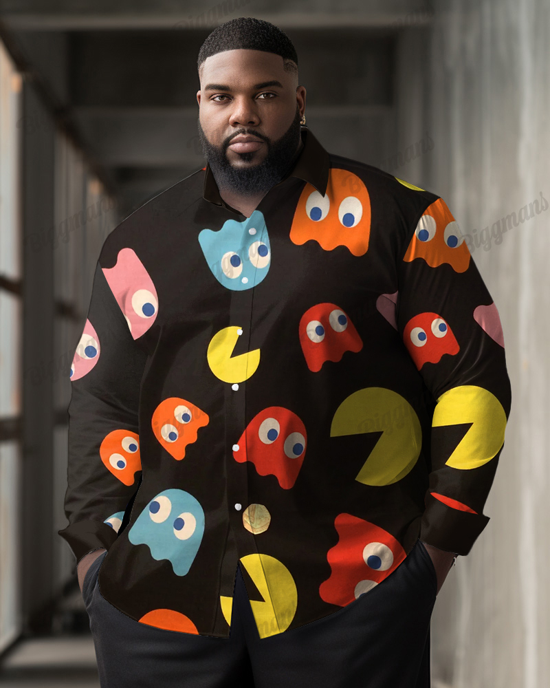 Men's Plus Size Retro Video Game Print Lapel Casual Long Sleeve Shirt