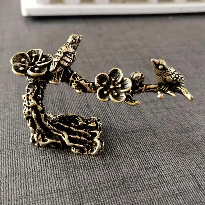 Oocharger Copper Plum Tree Happy Magpie Bird Miniature Ornaments Antique Brass Cuckoo Figurine Tea Table Decorations Desk Decor Craft