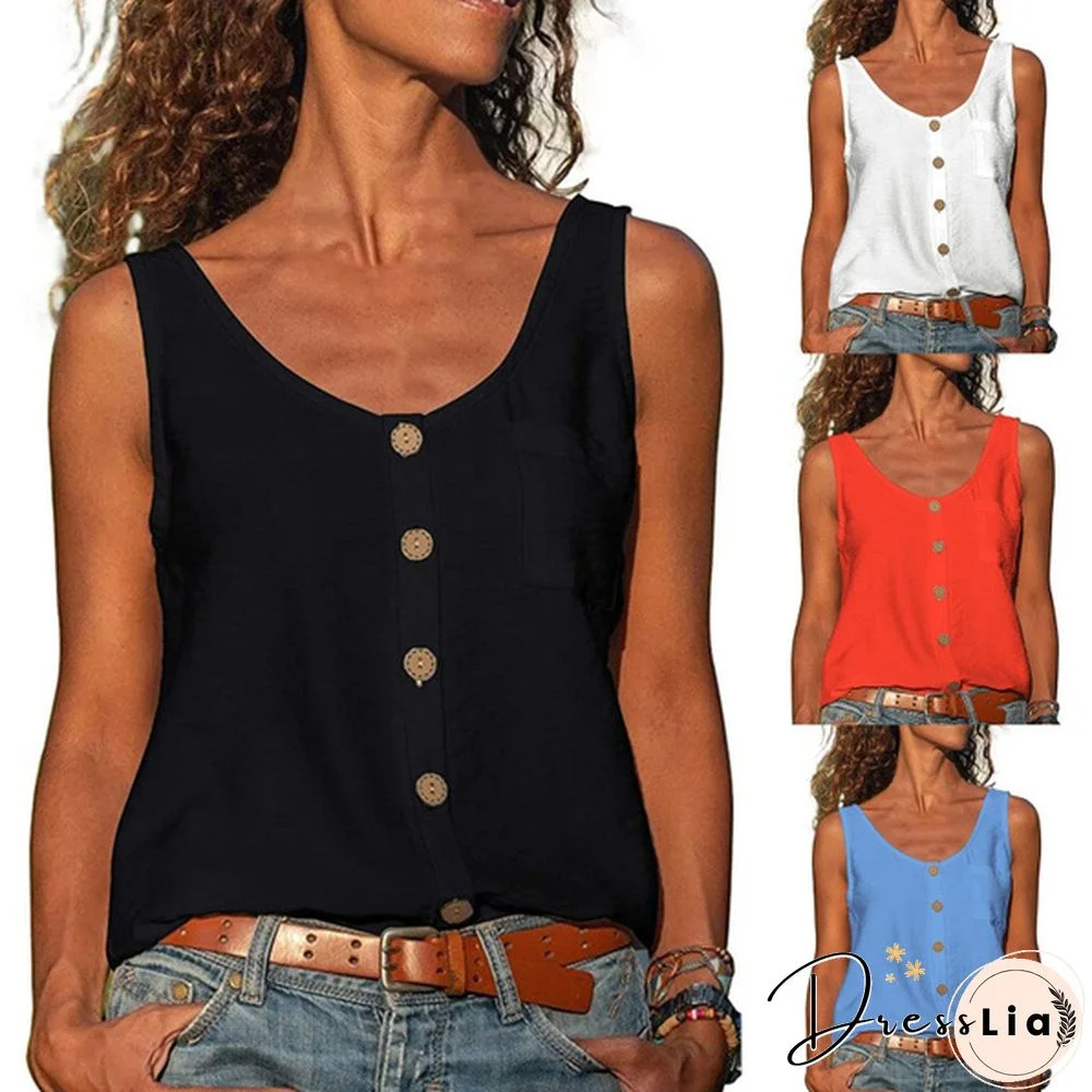 Women Fashion New Summer Shirts Loose Sleeveless Button Solid Color T-shirt Tops