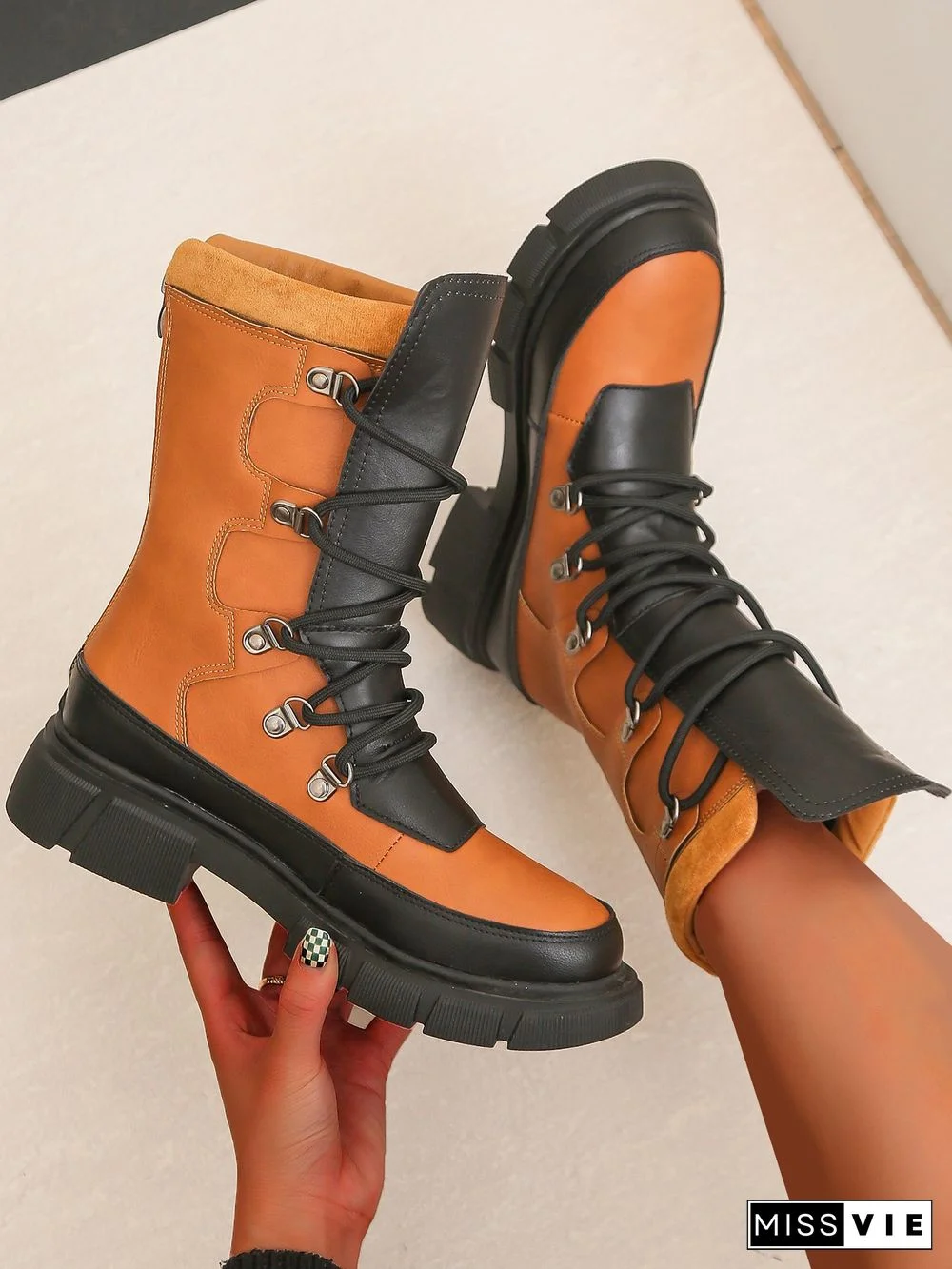 Vintage Contrast Lace-Up Tall Chunky Heel Outdoor Boots