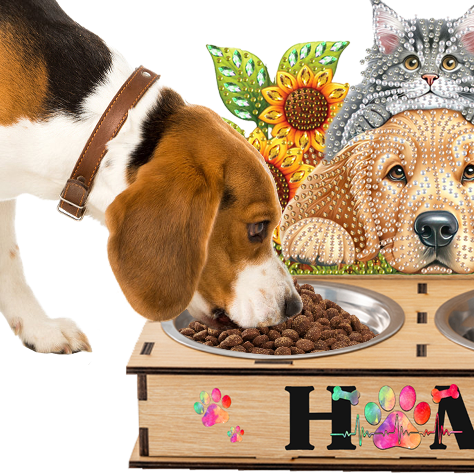 Diamond Painting Food Bowl with Wood Stand Diamond Art Dog Bowl for Small Dogs