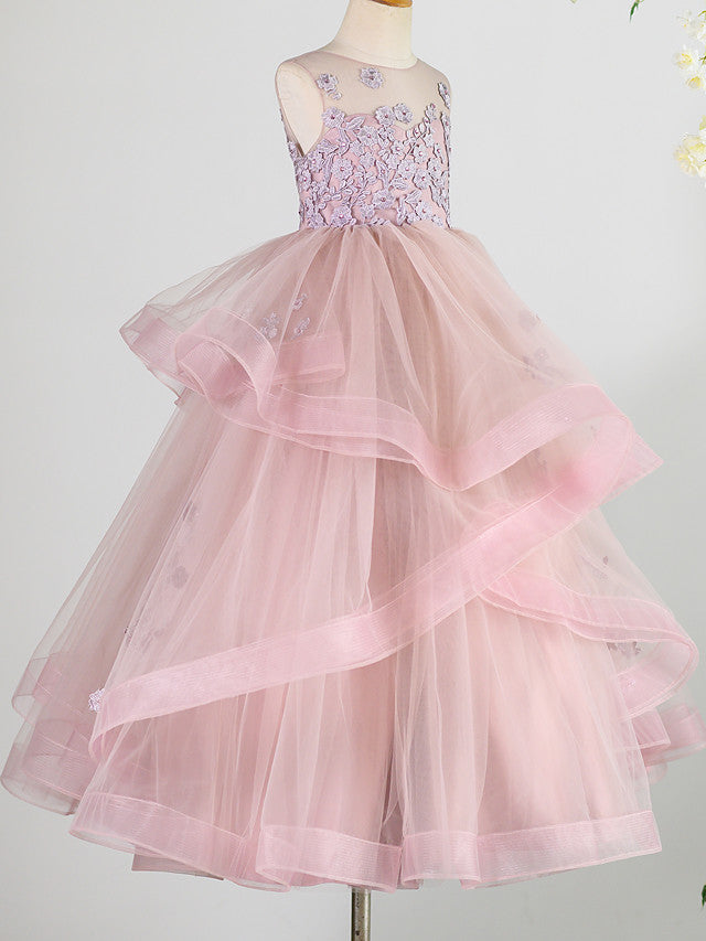 Oknass Sleeveless Jewel Neck Flower Girl Dress Lace Tulle With Beading  Appliques